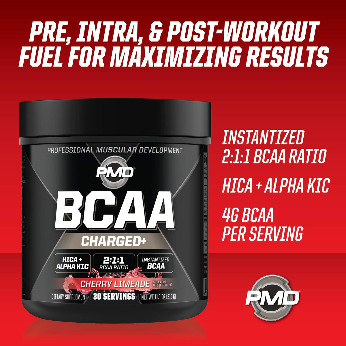 PMD BCAA Charged mélange à boire Cerise Limeade en utilisation pendant l'entraînement