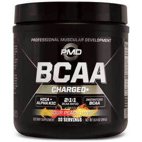 PMD BCAA Charged poudre d'acides aminés saveur pêche vue de face