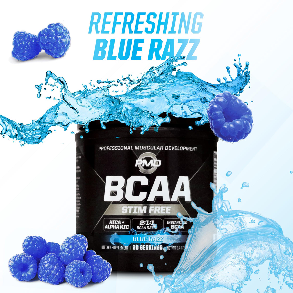 PMD BCAA Poudre 340g Blue Razz vue de côté