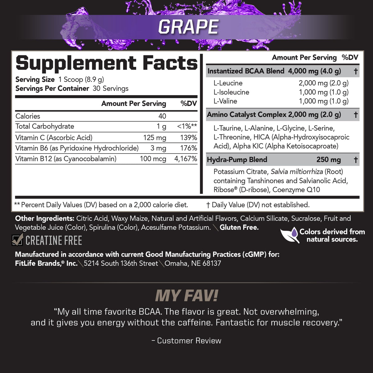 PMD BCAA Poudre sans Stimulants Saveur Raisin étiquette