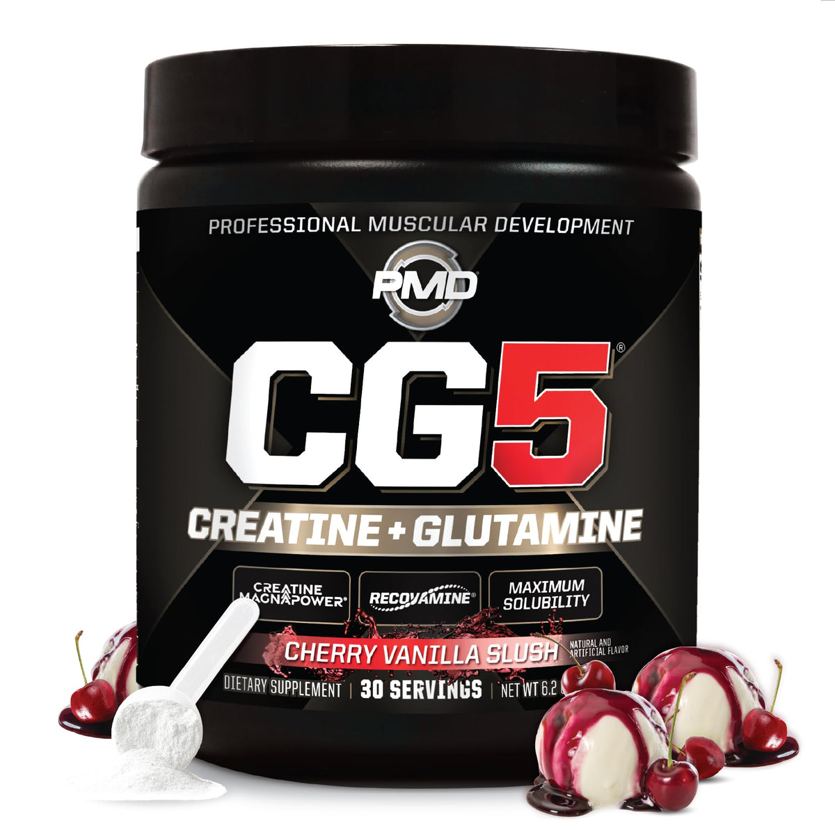PMD CG5 Poudre de Créatine et L-Glutamine Saveur Cerise Vanille vue de face