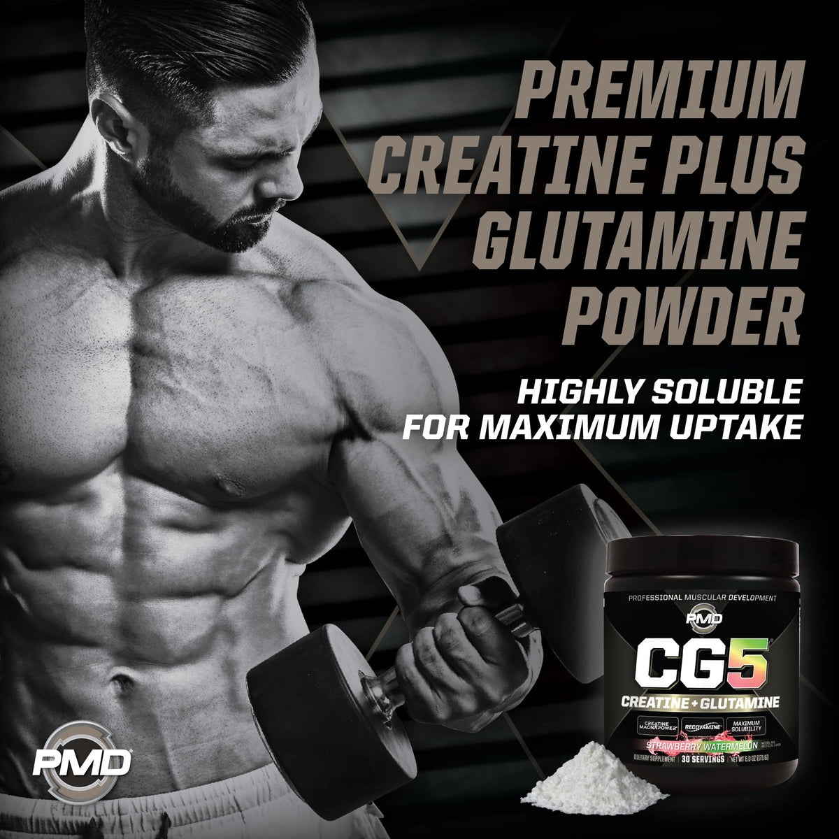 PMD CG5 Poudre de Créatine & L-Glutamine Fraise Pastèque sur une table