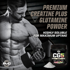 PMD CG5 Poudre de Créatine & L-Glutamine Fraise Pastèque sur une table