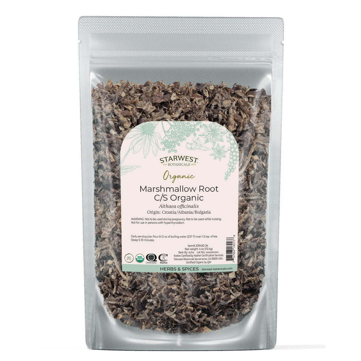 Poche de racine de guimauve bio Starwest Botanicals 118g vue avant