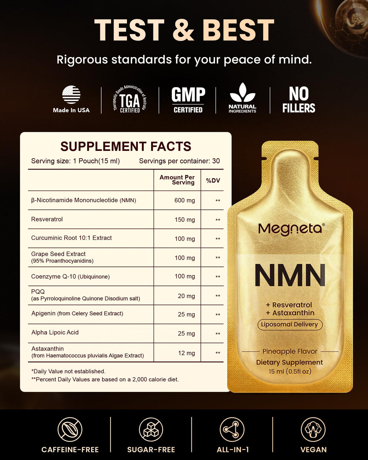 Poche liquide MEGNETA NMN 600mg avec une main tenant la poche