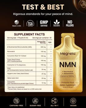Poche liquide MEGNETA NMN 600mg avec une main tenant la poche