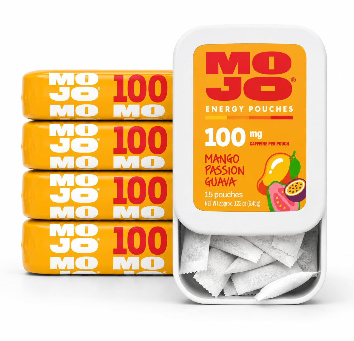 Poches énergétiques MOJO 100mg caféine saveur Mangue Passion Guava, vue avant