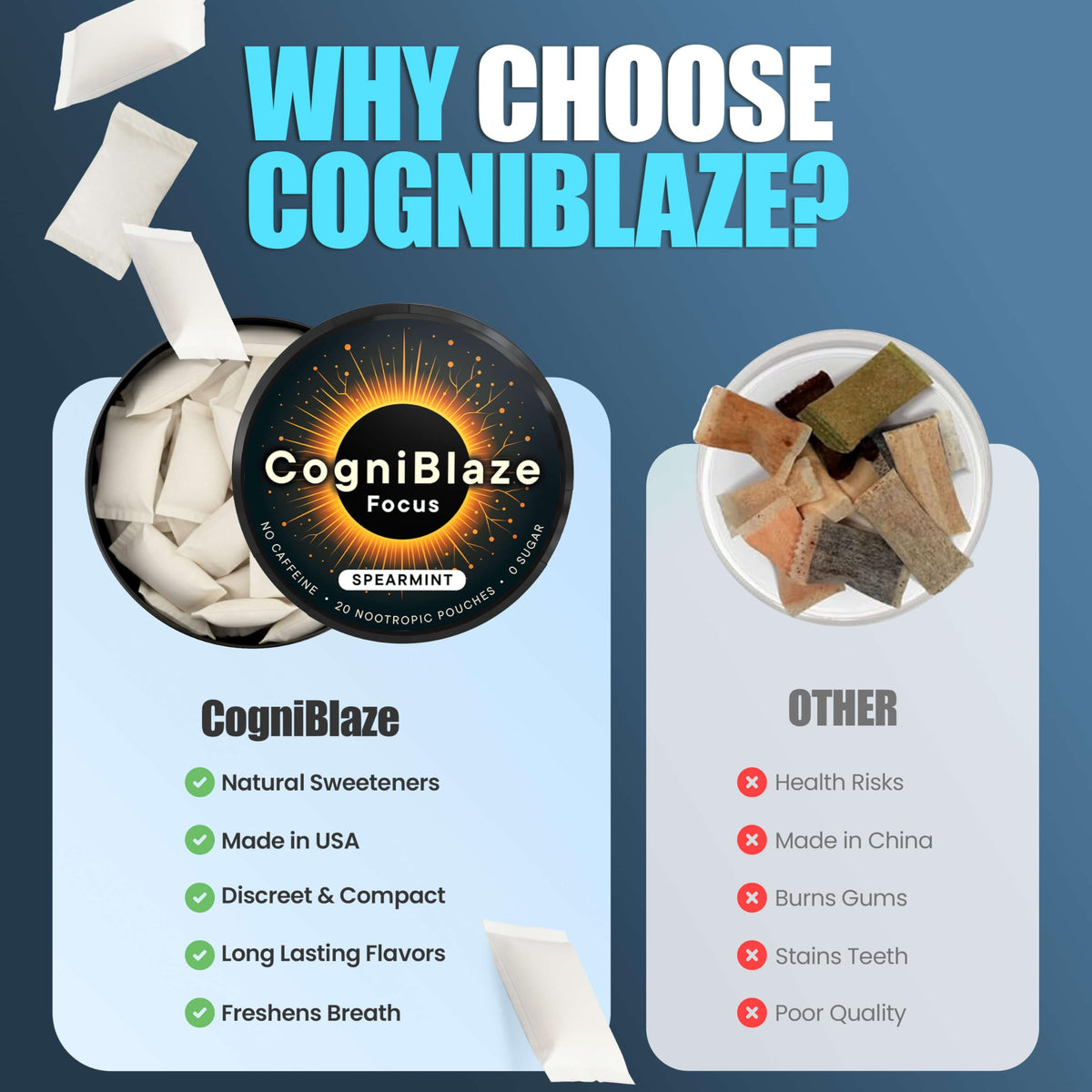 Poches nootropiques CogniBlaze en mains, format discret