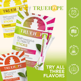 Poches Truehope sur une table avec fruits