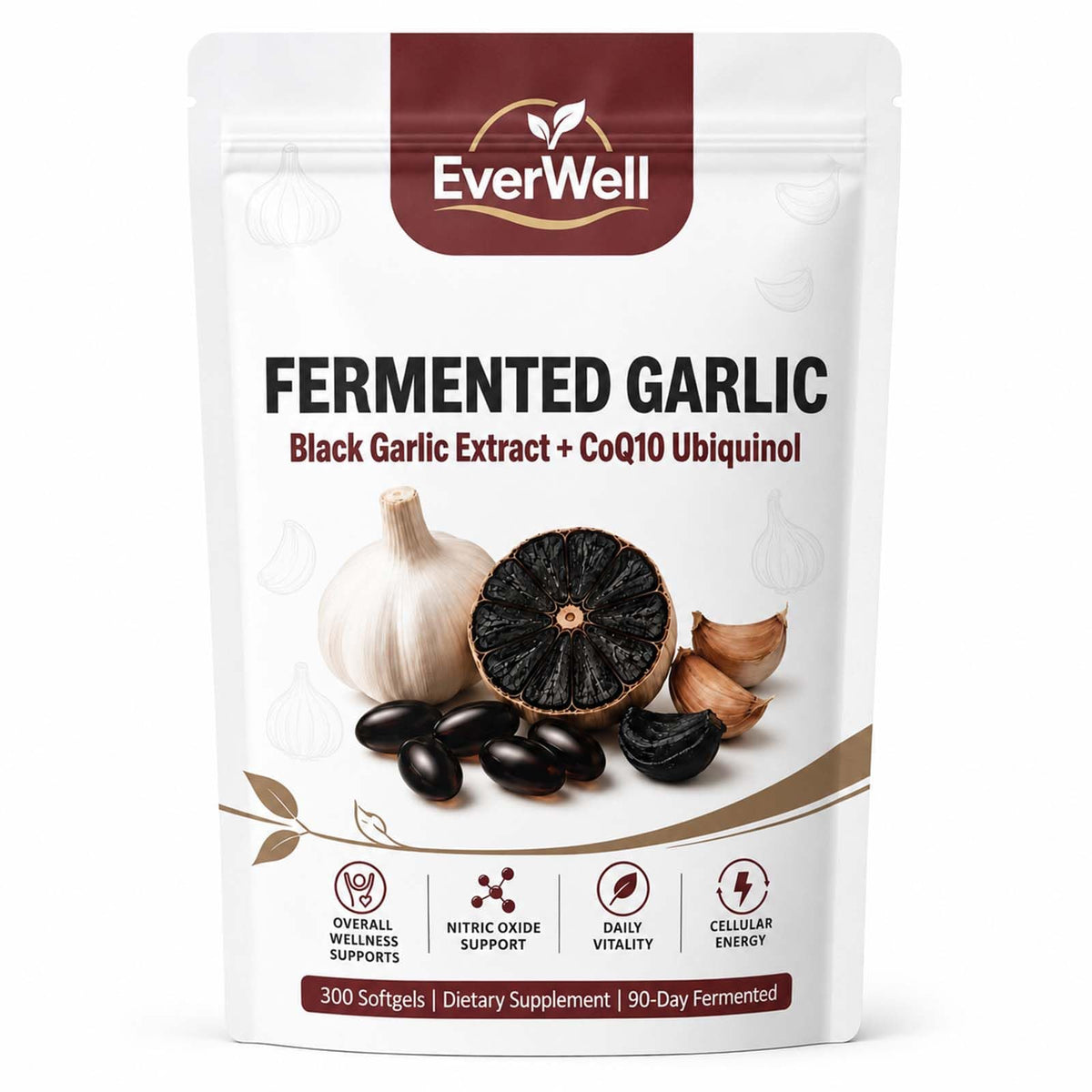 Pochette d'Everwell Co. Ail Noir Fermenté 300 Gélules CoQ10 vue avant