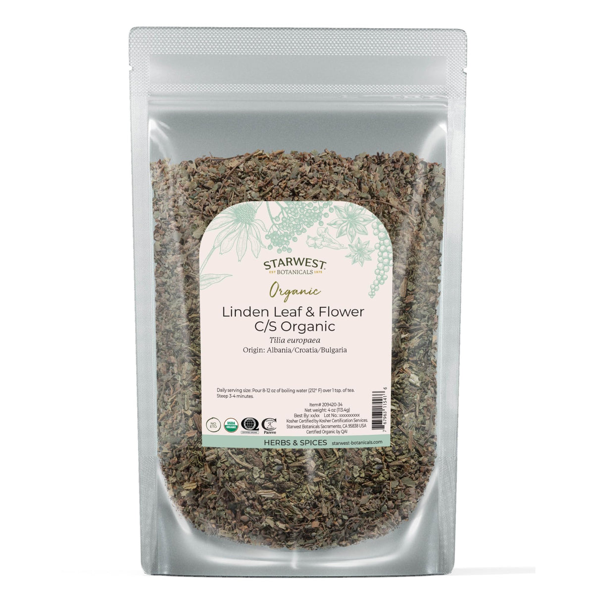 Pochette de 132g de feuilles et fleurs de tilleul bio Starwest Botanicals