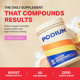 Podium Nutrition Créatine Monohydrate 440g Saveur Citron Rose en poudre dans un verre d'eau