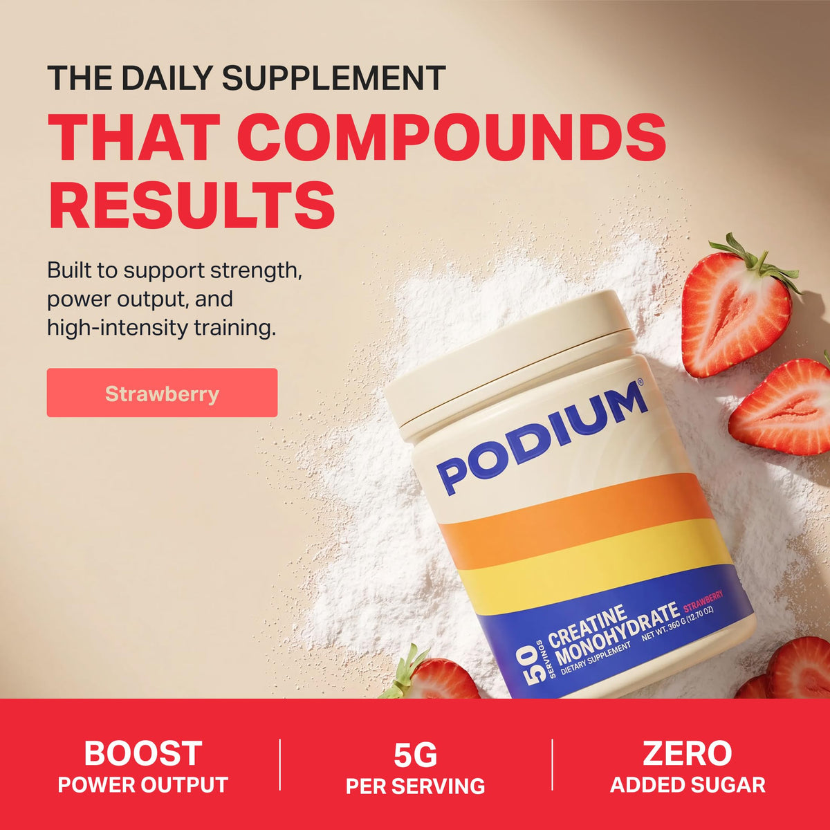 Podium Nutrition Creatine Monohydrate 50 Servings scoop with powder
