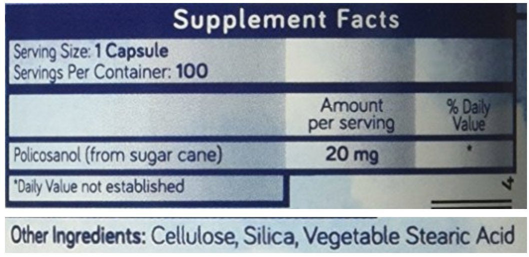 Policosanol 20mg Purethentic Naturals ingrédients sur l'emballage