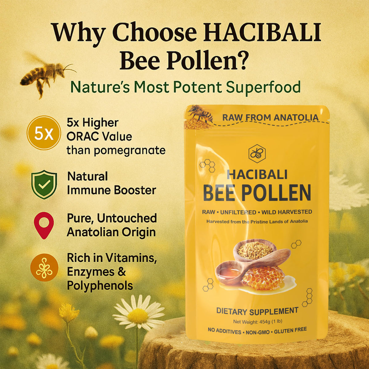 Pollen d'abeille biologique hacıbalı dans un bol avec des fruits