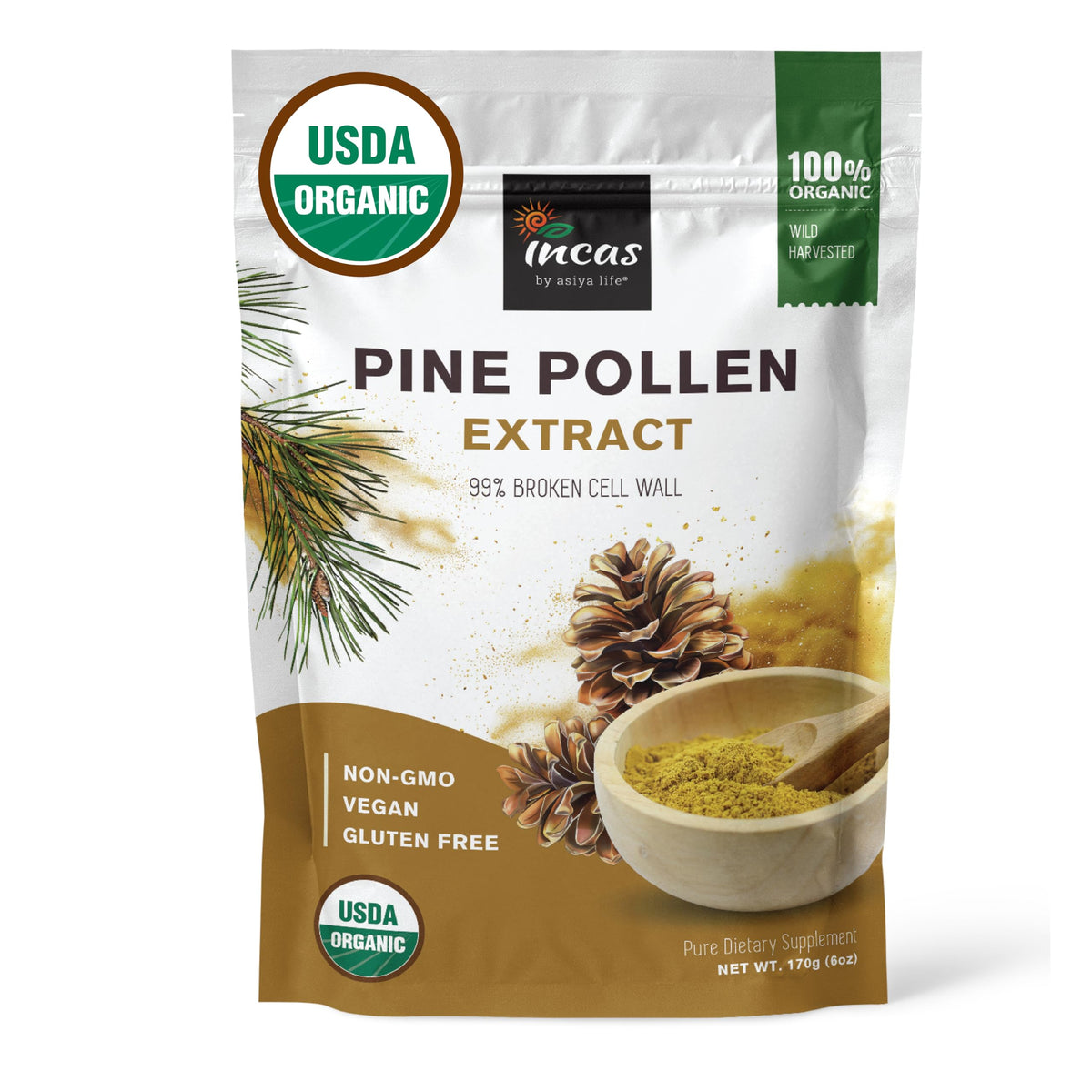 Pollen de pin bio Incas 168g vue avant avec étiquette