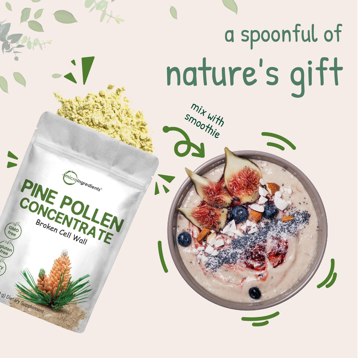 Pollen de Pin en Poudre Micro Ingredients 181g sur une cuillère en bois