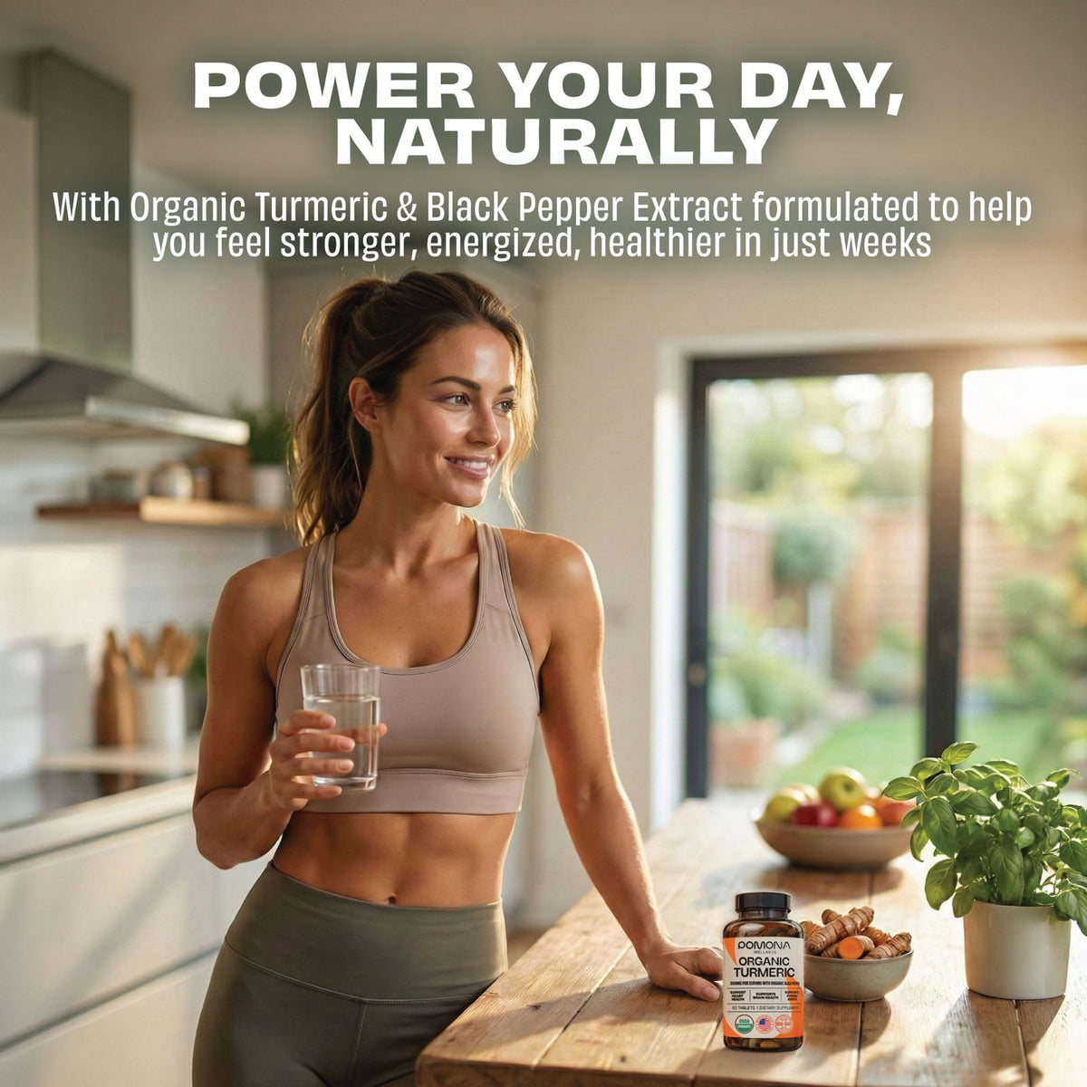 Pomona Wellness Complément Alimentaire Curcuma Bio 120 comprimés dans un verre d'eau