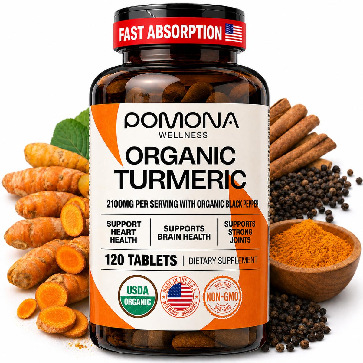 Pomona Wellness Complément Alimentaire Curcuma Bio 2100 mg 120 Comprimés vue de face