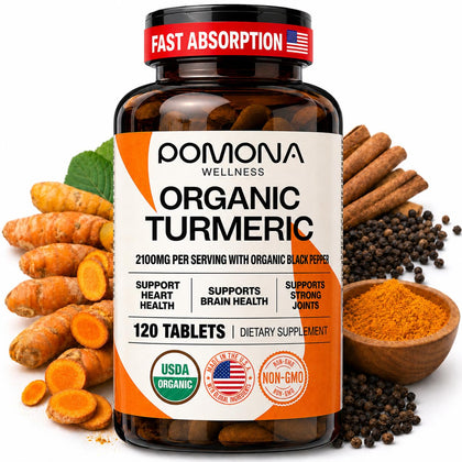 Pomona Wellness Complément Alimentaire Curcuma Bio 2100 mg 120 Comprimés vue de face