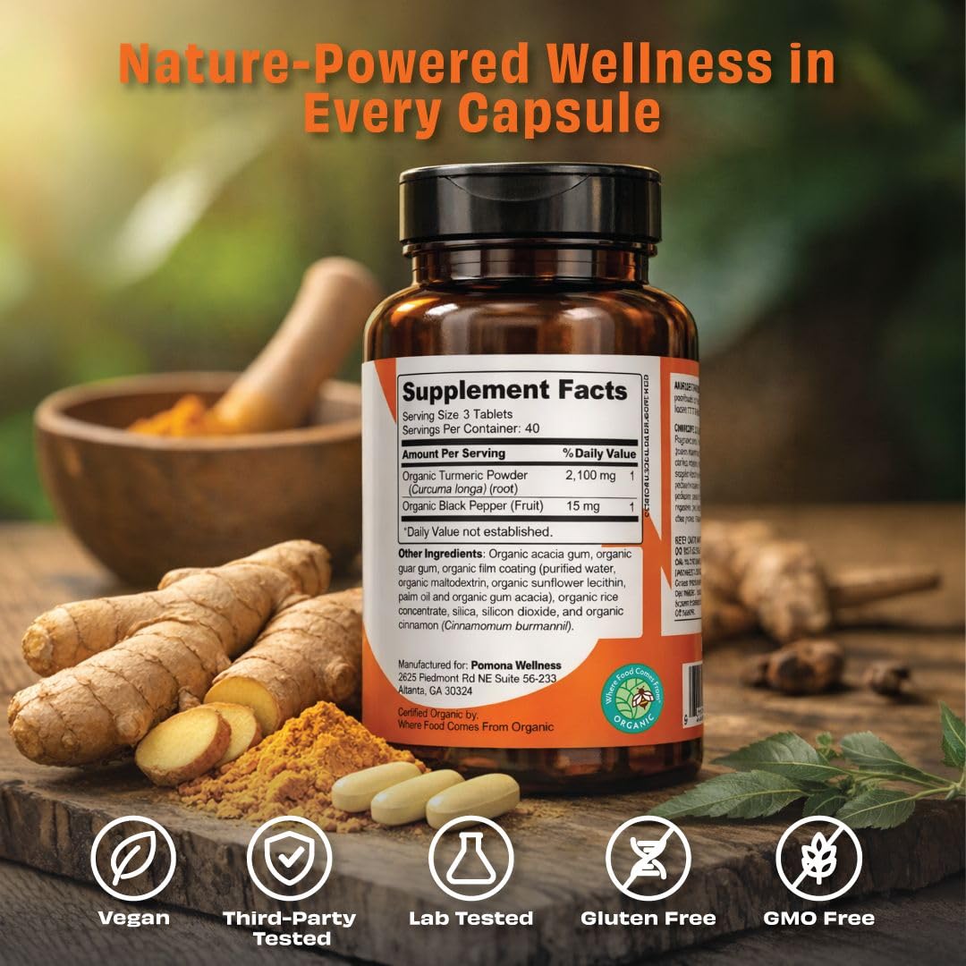 Pomona Wellness Complément Alimentaire Curcuma Bio comprimés sur un fond neutre