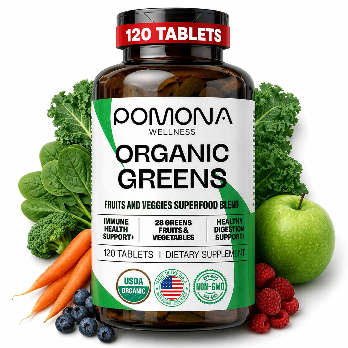 Pomona Wellness Super Greens 120 comprimés, vue de face