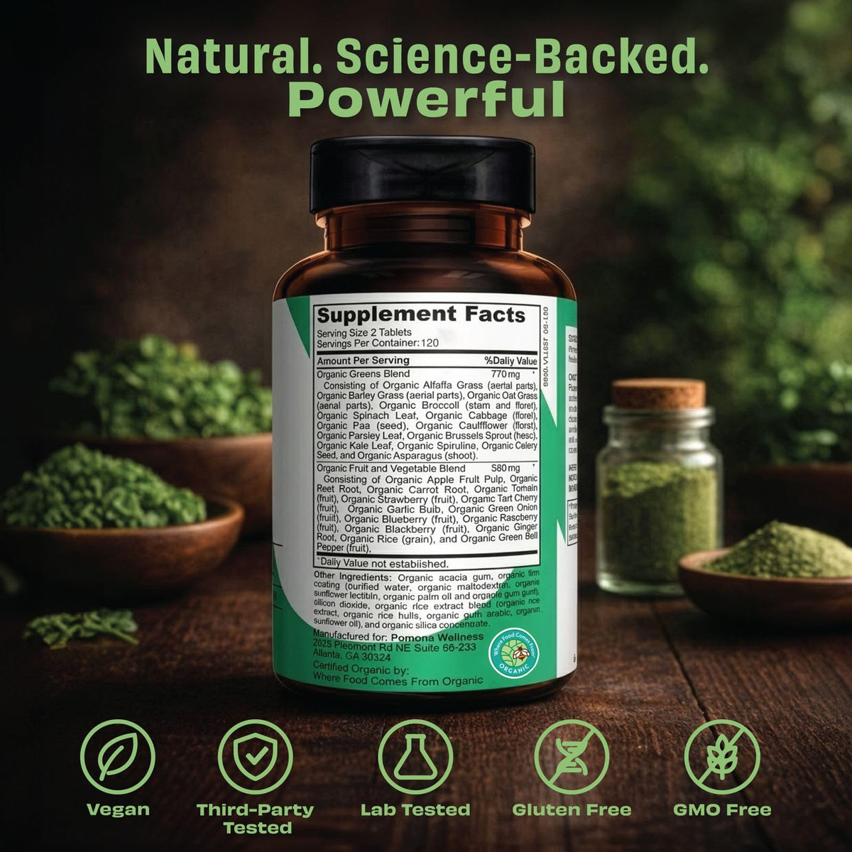 Pomona Wellness Super Greens 120 comprimés, vue latérale