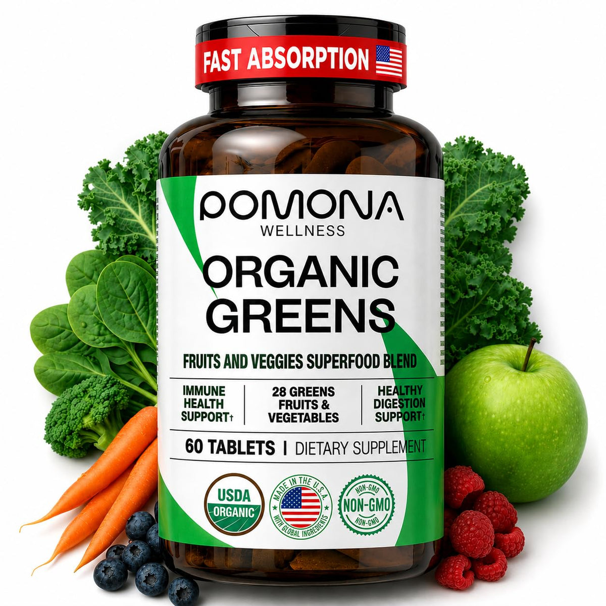 Pomona Wellness Super Greens 60 comprimés vue avant