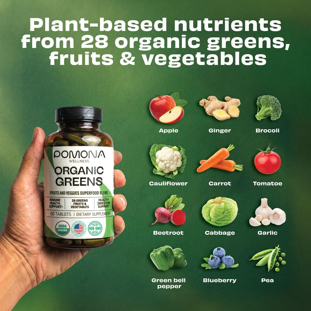 Pomona Wellness Super Greens comprimés à côté d'un verre d'eau