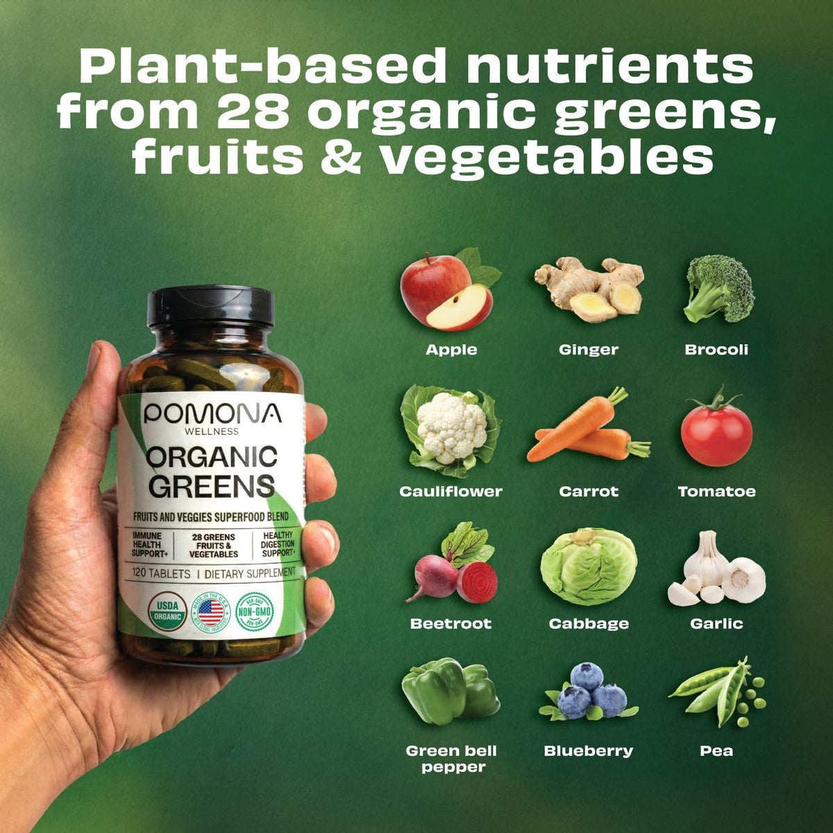 Pomona Wellness Super Greens, présentation avec des fruits et légumes