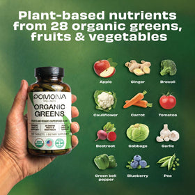 Pomona Wellness Super Greens, présentation avec des fruits et légumes