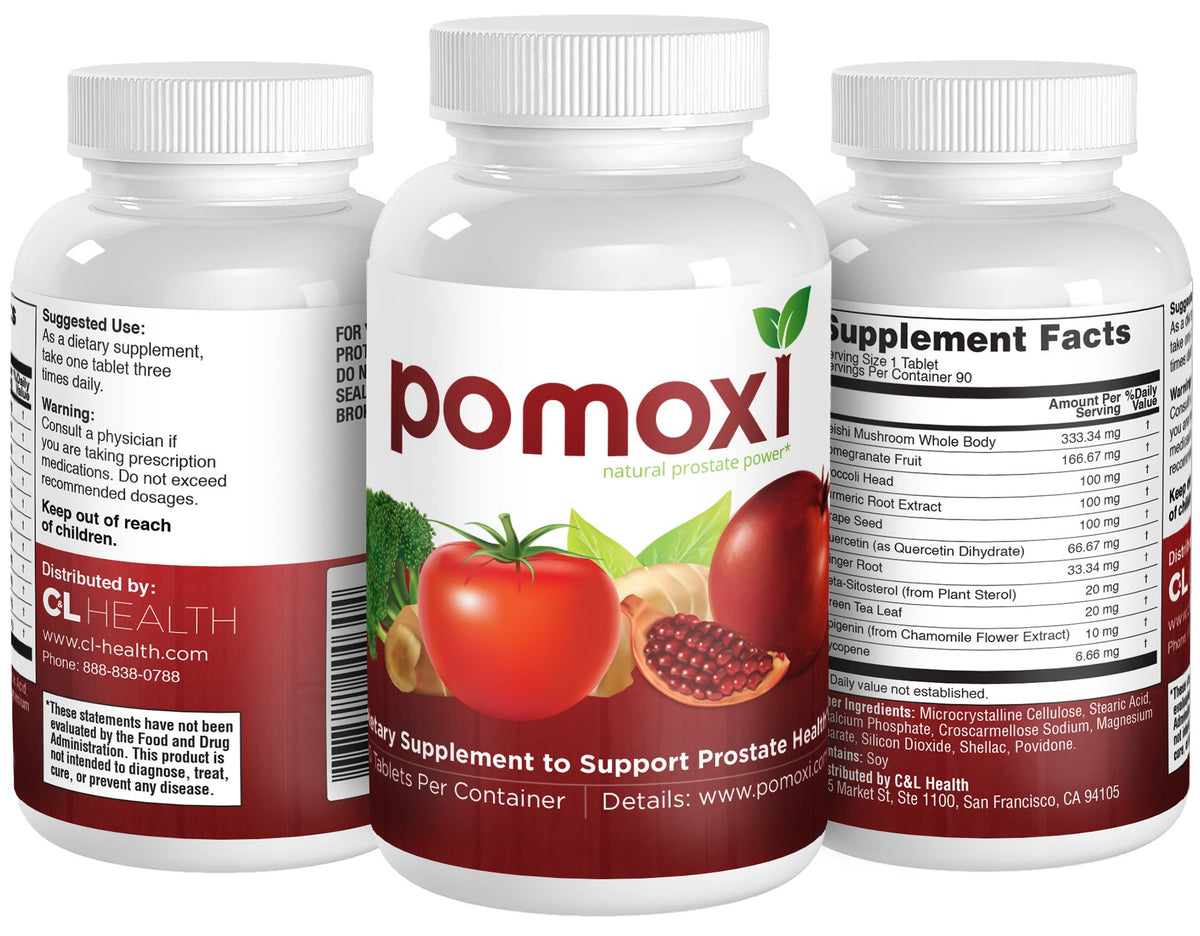 Pomoxi Complément Alimentaire Prostate, ingrédients naturels sur fond blanc