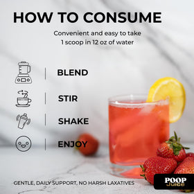 Poop Juice Complément Alimentaire en Poudre 422g sur une table avec fruits