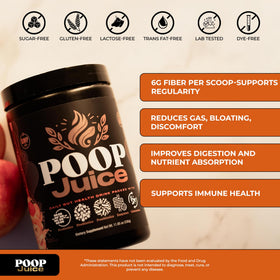 Poop Juice Complément Alimentaire en Poudre 422g sur une table avec verre d'eau