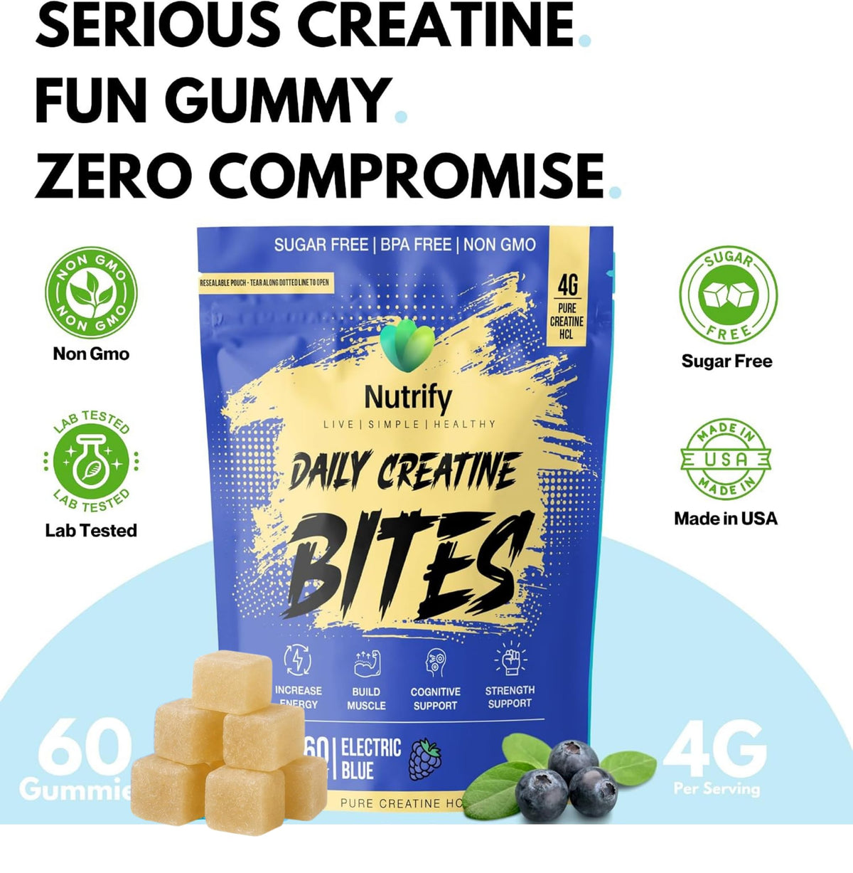 Portion de gummies créatine Nutrify dans une main