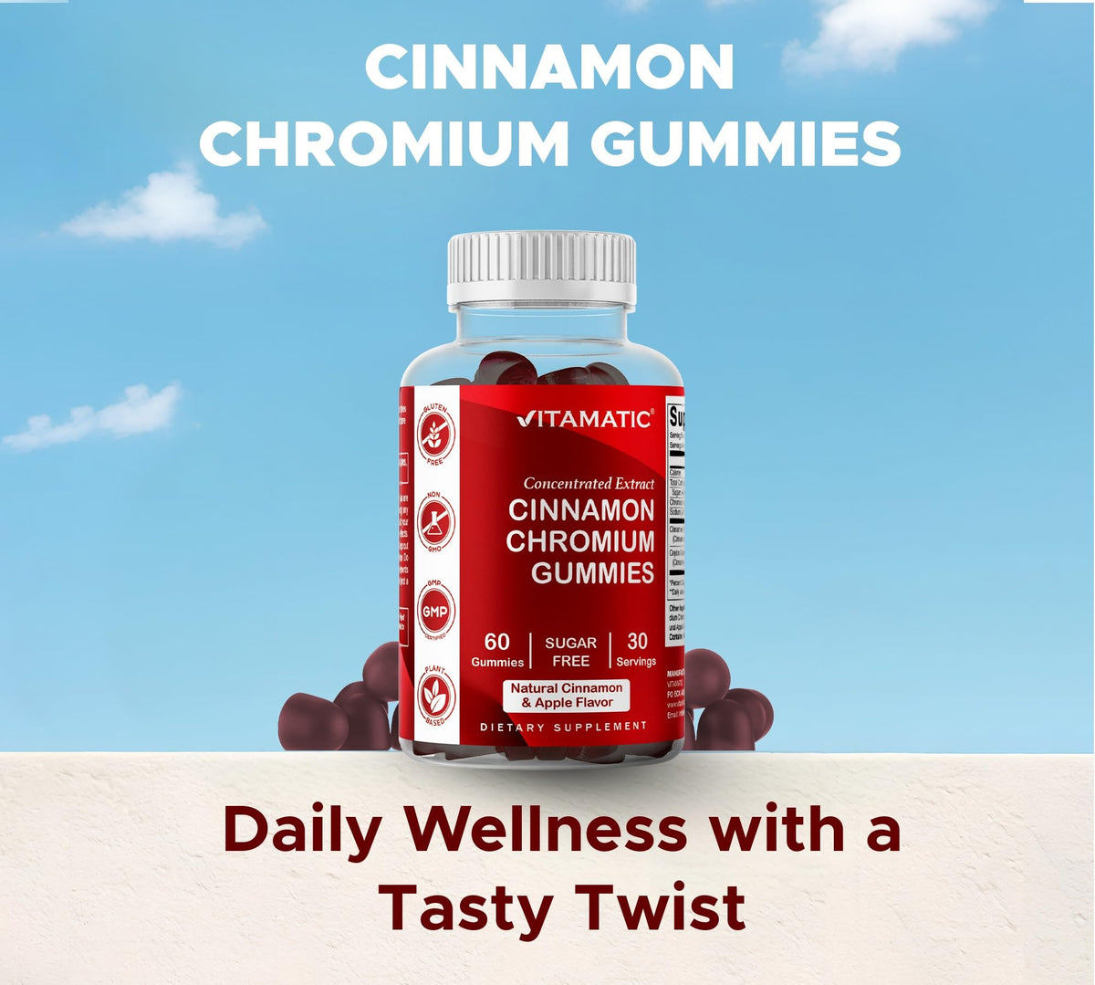 Portion de Gummies Vitamatic, deux pièces sur un fond blanc