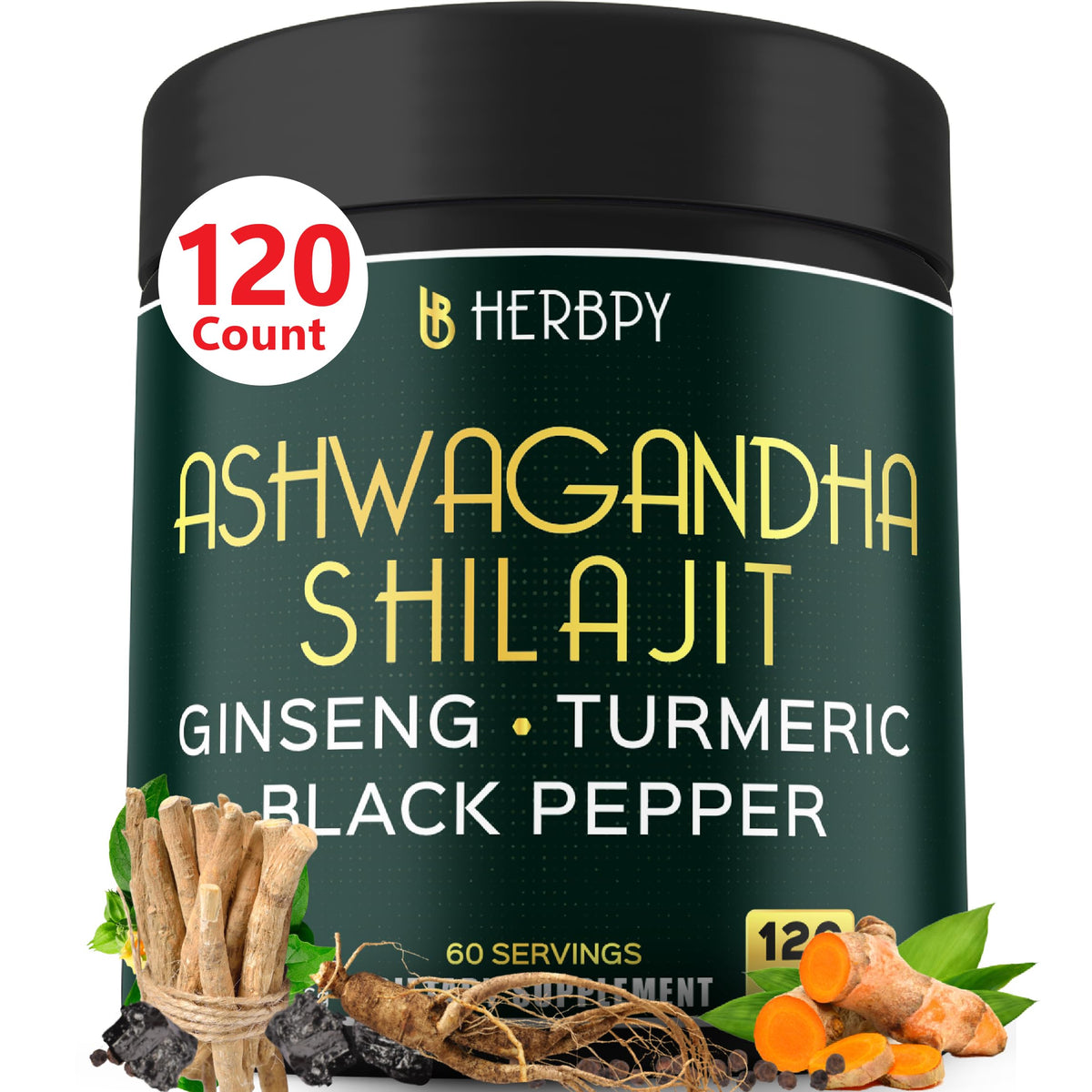 Pot de 120 gélules Herbpy Ashwagandha avec étiquette visible