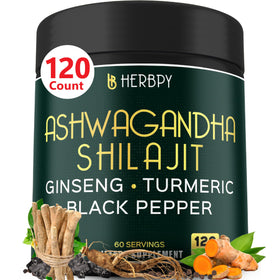 Pot de 120 gélules Herbpy Ashwagandha avec étiquette visible