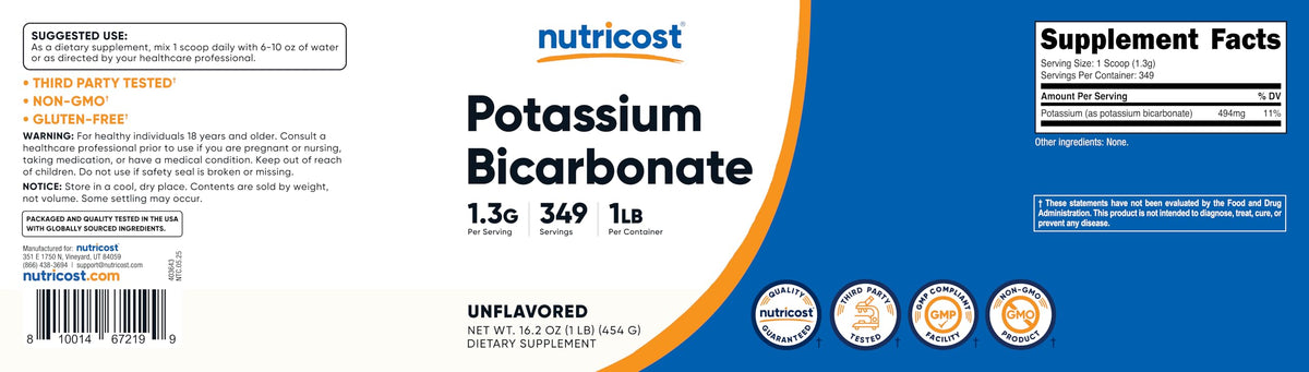 Pot de Bicarbonate de Potassium Nutricost sur fond neutre