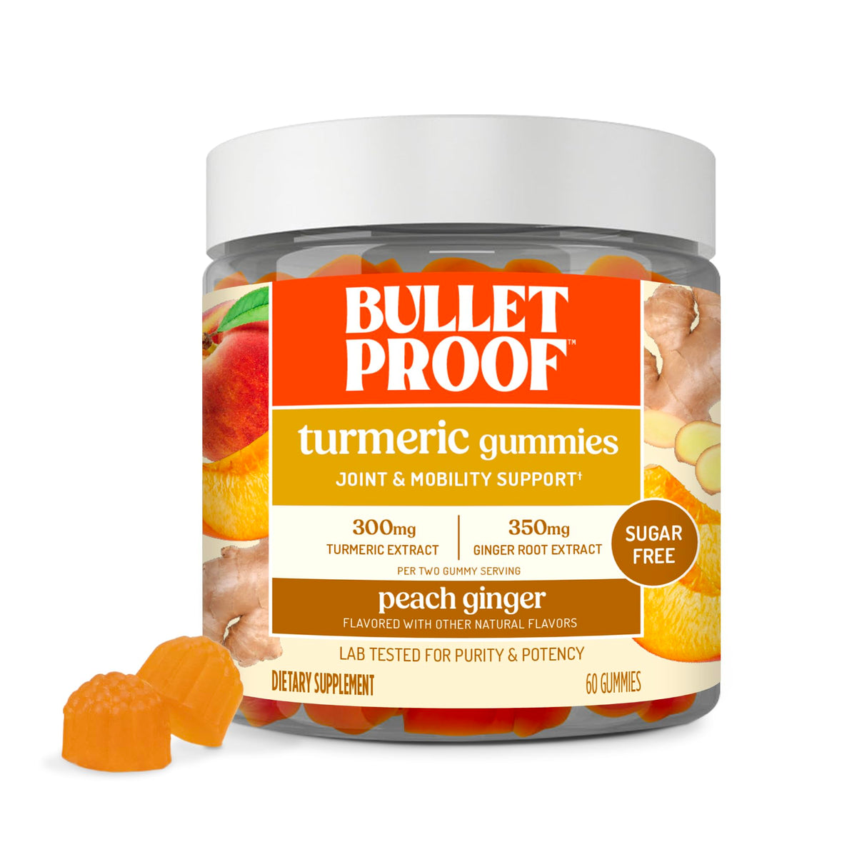 Pot de bonbons gélifiés Bulletproof Pêche Gingembre Curcuma 60 unités