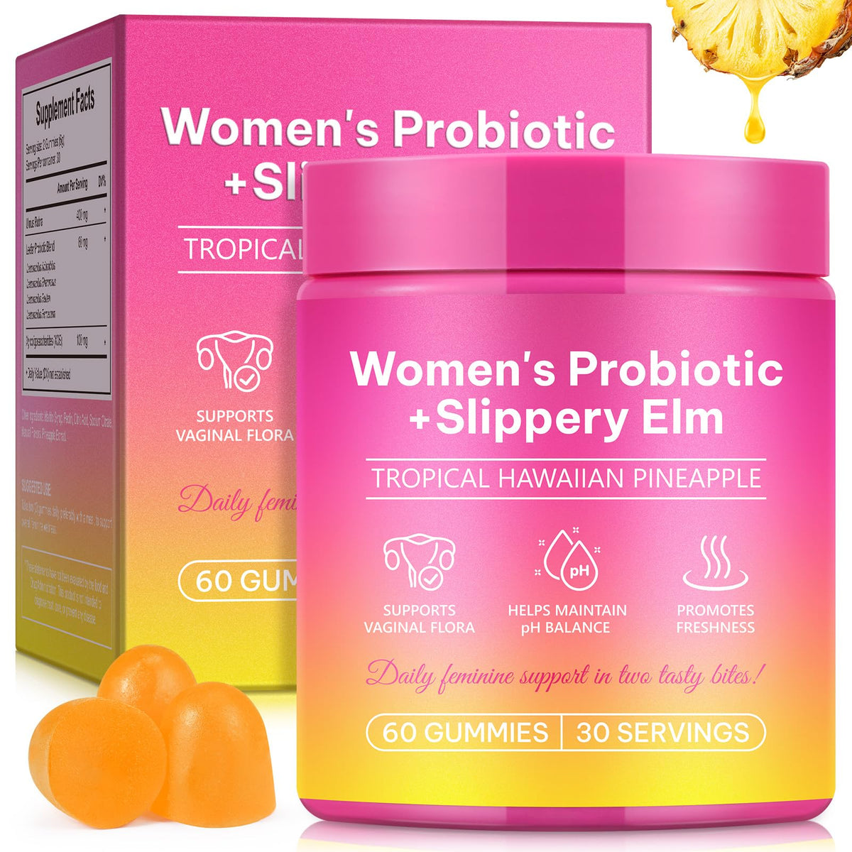 Pot de bonbons probiotiques féminins akarenis 60 gummies saveur ananas