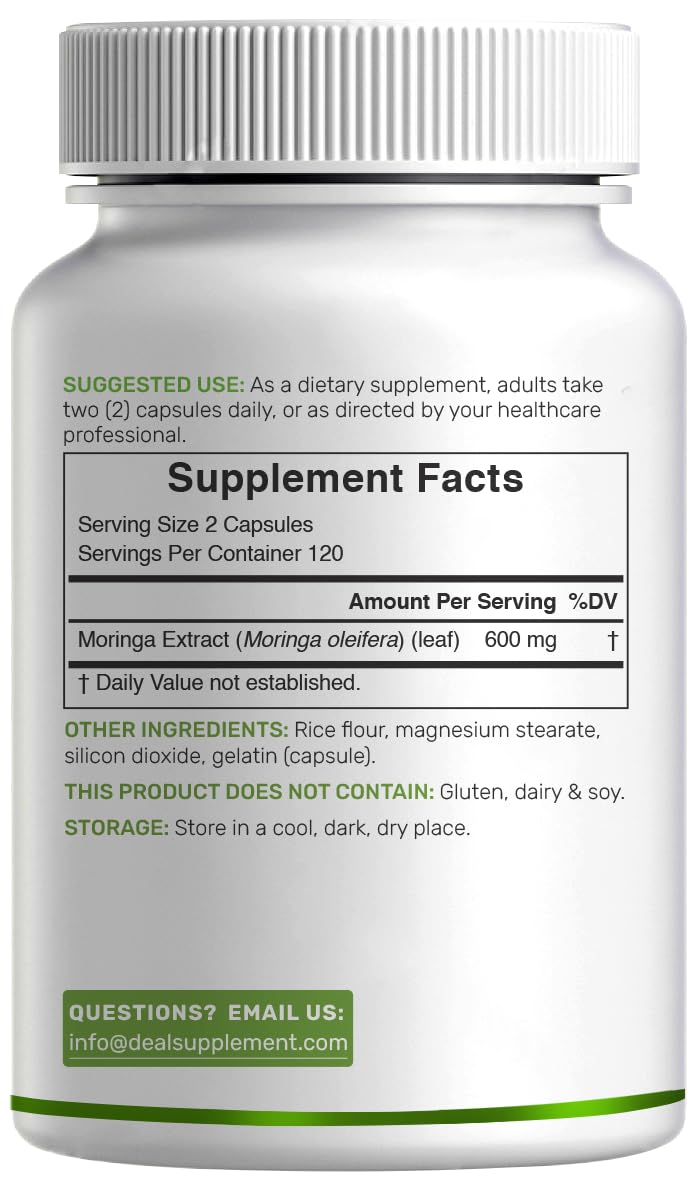 Pot de capsules de moringa DEAL SUPPLEMENT ouvert montrant les capsules