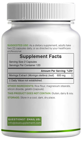 Pot de capsules de moringa DEAL SUPPLEMENT ouvert montrant les capsules