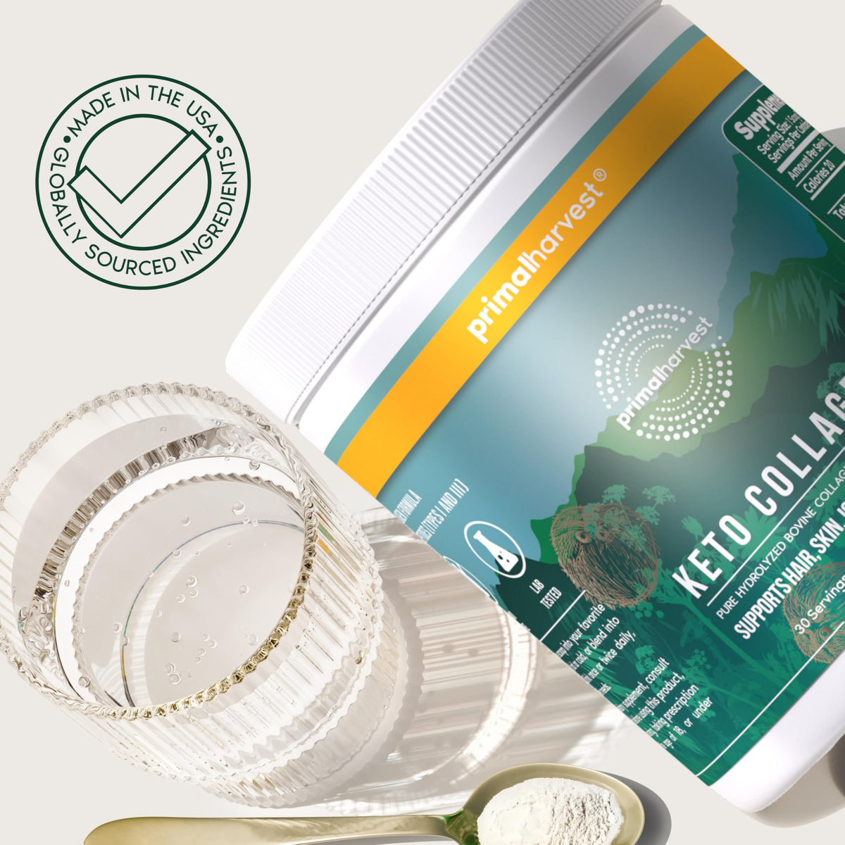 Pot de collagène Keto Primal Harvest ouvert avec cuillère