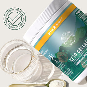 Pot de collagène Keto Primal Harvest ouvert avec cuillère