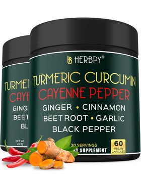 Pot de complément Herbpy 7 en 1 Curcuma et Piment de Cayenne avec 60 capsules
