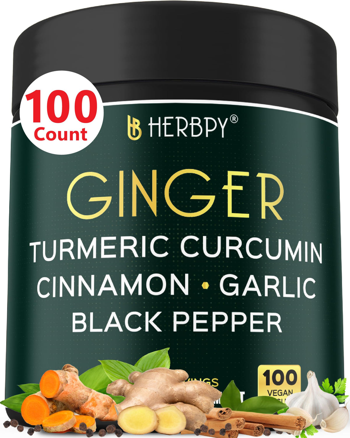 Pot de compléments Herbpy 5en1 Gingembre et Curcuma 100 capsules