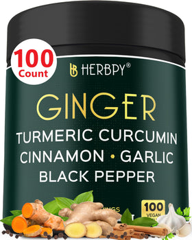 Pot de compléments Herbpy 5en1 Gingembre et Curcuma 100 capsules