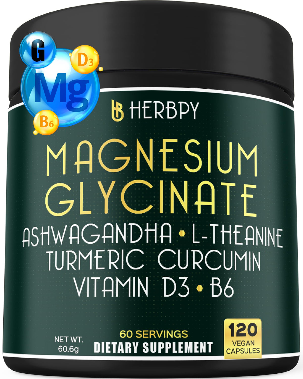 Pot de compléments Herbpy 6-en-1 Magnésium Glycinate Ashwagandha