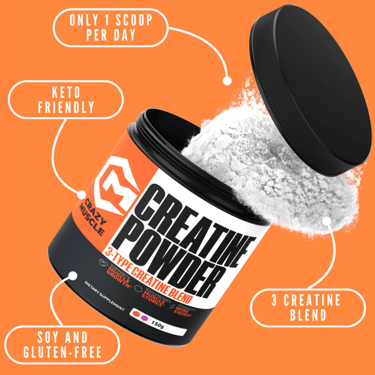 Pot de Crazy Muscle Poudre de Créatine Monohydrate 5000mg avec couvercle